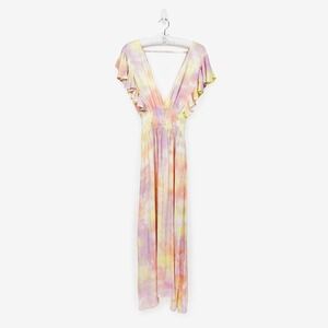 Tiare Hawaii Dahlia Maxi Dress Size S/M Salmon Yellow Violet Smoke Boho Tropical